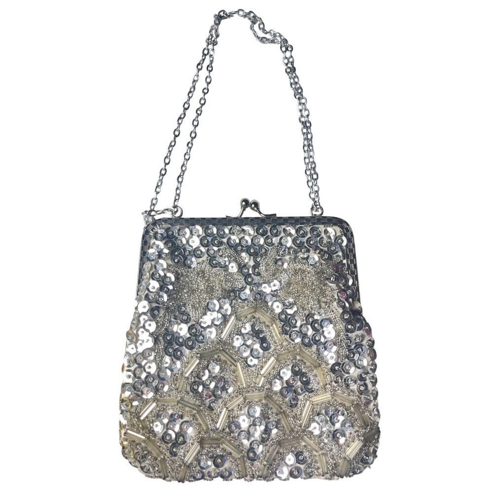 Vintage Silver Sequins &‎ Beaded Evening Purse Hong Kong Bounty